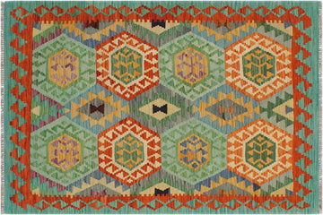 Flat Weave Kilim, Antique, Navaho, Vintage, Handmade, Geometric Kilim Rust Green Hand-Woven Rectangle 100% Wool Area Rug 3 x 5